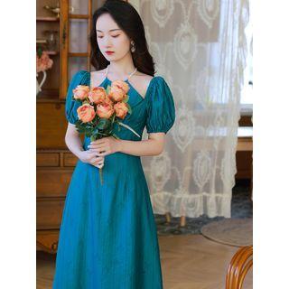 Halter-neck Puff-sleeve Faux Pearl Midi A-line Dress