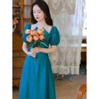 Halter-neck Puff-sleeve Faux Pearl Midi A-line Dress