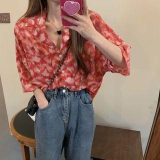 Short-sleeve Print Loose-fit Blouse Red - One Size