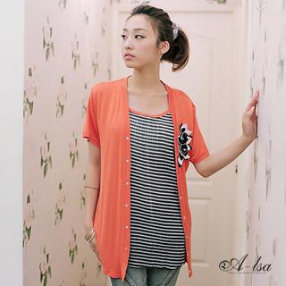 Inset Rosette-accent Cardigan Striped Top Orange - One Size
