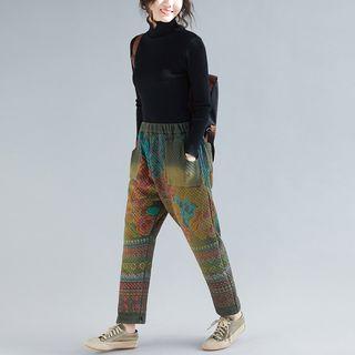 Floral Print Padded Harem Pants Dark Green - One Size