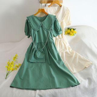 Set: Plain Peter Pan-collar Dress + Crossbody Bag