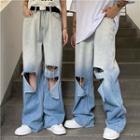 Ombre Distressed Wide-leg Jeans