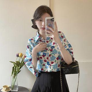 Elbow-sleeve Floral Hawaiian Shirt Blue & Red - One Size