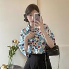 Elbow-sleeve Floral Hawaiian Shirt Blue & Red - One Size