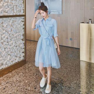 Elbow-sleeve Mesh Panel Shirtdress