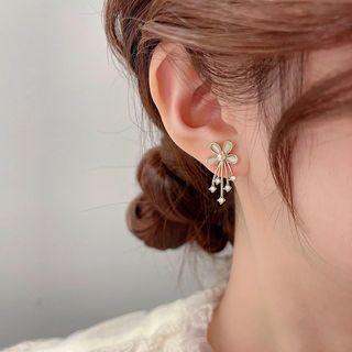 Flower Faux Cat Eye Stone Fringed Earring Eh1368 - 1 Pair - Gold & White - One Size