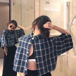 Plaid Loose-fit Short-sleeve Shirt As Figure - One Size