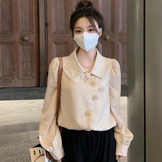 Long-sleeve Collared Asymmetrical Button-up Blouse