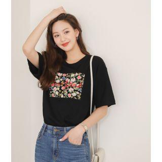 Plus Size Floral Print Patch T-shirt