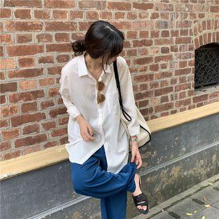Long-sleeve Striped Shirt / Wide-leg Dress Pants
