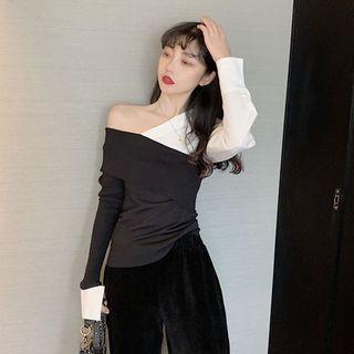 One-shoulder Two-tone Mock Two-piece Knit Top 9509 - Black & White - One Size
