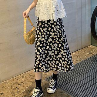 Short-sleeve Lace Blouse / Floral Print Midi A-line Skirt
