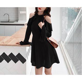 Long-sleeve Cold Shoulder Ruffled A-line Mini Dress