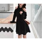 Long-sleeve Cold Shoulder Ruffled A-line Mini Dress