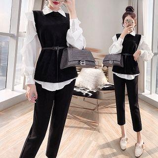 Set: Long-sleeve Ruffle Trim Shirt + Dress Pants + Knit Vest