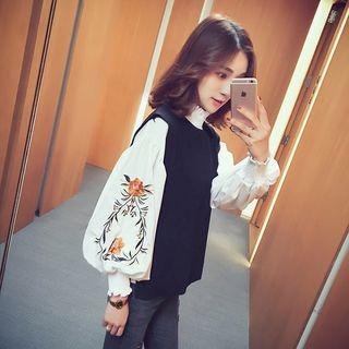 Set: Floral Embroidered Lantern-sleeve Blouse + Vest