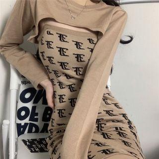 Set: Long-sleeve Crop Top + Spaghetti Strap Lettering Mini Bodycon Dress