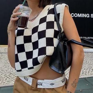 Checkerboard Sweater Vest Black - One Size