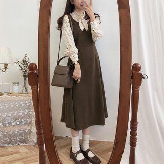 Set: Tie-neck Dotted Blouse + Overall Dress