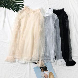 Ruffled-trim Mesh Top