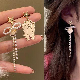 Sterling Silver Asymmetrical Bear Drop Earring 1 Pair - White & Beige - One Size