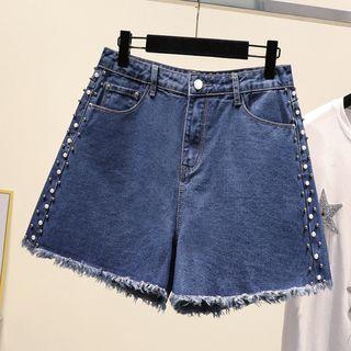 Beaded Faux Pearl Denim Shorts
