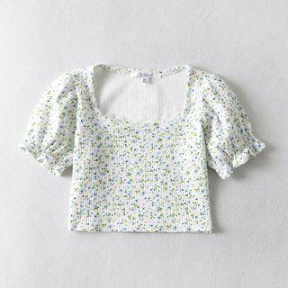 Puff-sleeve Floral Cropped T-shirt