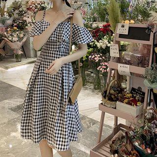 Short-sleeve Checked Off-shoulder A-line Dress