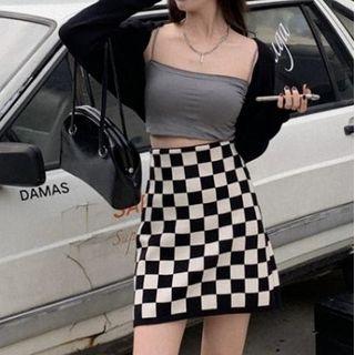 Checker Print A-line Skirt Checker - Black & White - One Size