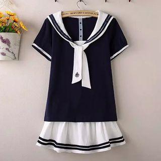 Sailor Collar Short-sleeve T-shirt / Ruffle Mini Skirt