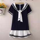 Sailor Collar Short-sleeve T-shirt / Ruffle Mini Skirt