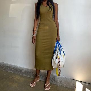 Sleeveless Slit-back Ribbed Knit Dress