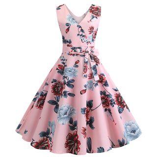 Sleeveless Floral Printed Tie-waist A-line Dress