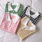 Collared Plaid Short-sleeve Knit Top