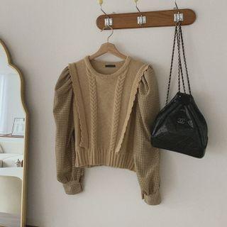 Plaid Puff-sleeve Cable-knit Top