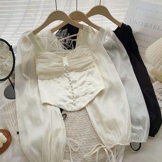 Long-sleeve Mock Two-piece Plain Blouse