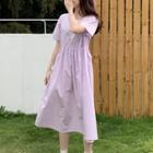 Plain Square-neck Short-sleeve Dress Light Purple - One Size