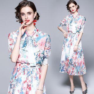 Short-sleeve Tie-neck Floral Midi A-line Dress