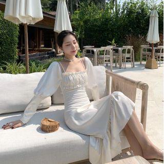 Off-shoulder Ruffle Hem Midi Sheath Dress