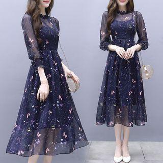 Elbow-sleeve Midi Butterfly Print Chiffon Dress