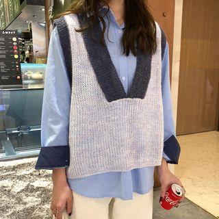 Set: Contrast Trim V-neck Knit Vest + Shirt