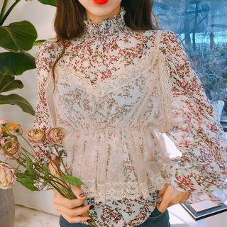 Set: Floral Print Long-sleeve Chiffon Blouse + Lace Trim Mesh Camisole Top