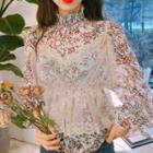 Set: Floral Print Long-sleeve Chiffon Blouse + Lace Trim Mesh Camisole Top