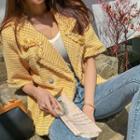 Short-sleeve Fringed Tweed Blazer Yellow - One Size