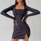 Long Sleeve Square-neck Plain Ribbed-knit Mini Dress
