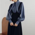 Set: Bishop-sleeve Tie-neck Blouse + Midi A-line Skirt