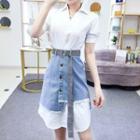 Set: V-neck Short-sleeve Shirt Dress + Frayed Hem Denim Skirt