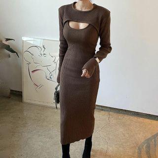 Set: Long-sleeve Shrug + Spaghetti Strap Knitted Midi Dress