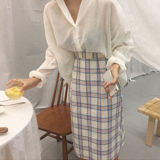 Sheer Shirt / Plaid Straight Fit Midi Skirt
